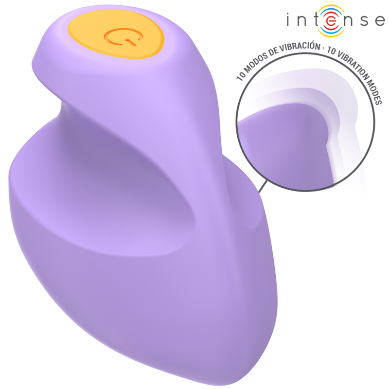 Stimulateur Ursula Intense violet clair, forme incurvée à bord ondulé, bouton orange, gros plan sur les 10 modes de vibration