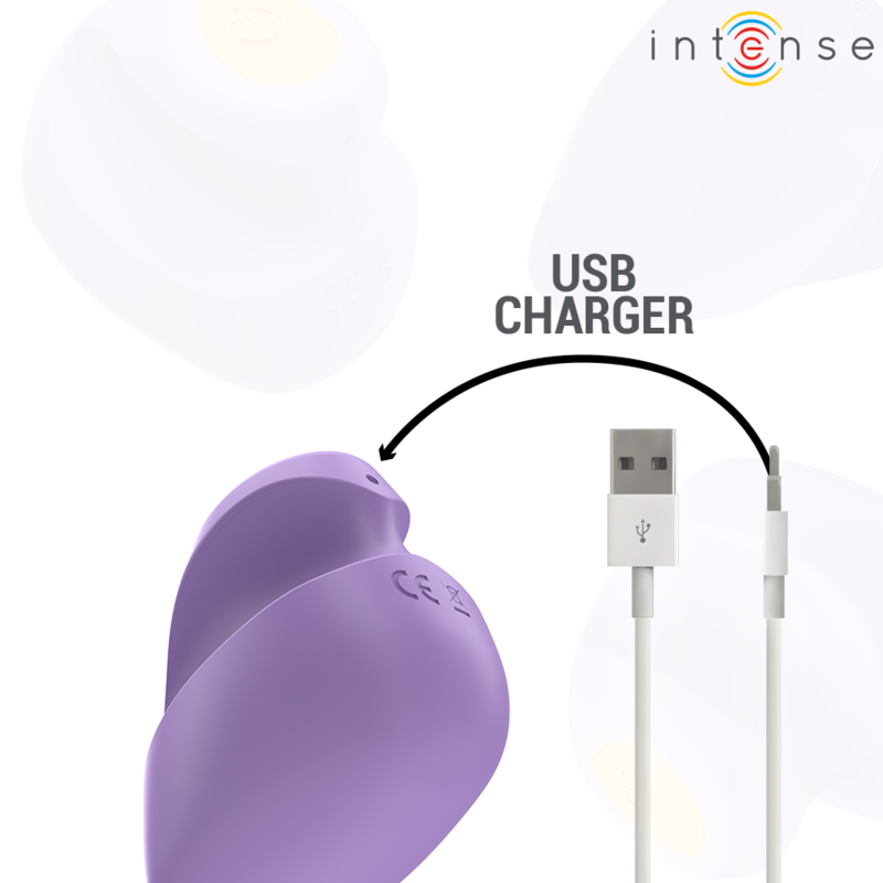 Gros plan sur le dessous du stimulateur Ursula avec marquage CE, port de charge USB et câble fourni