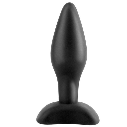 Mini plug anal en silicone noir lisse, pointe effilee pour une insertion facile et base ventouse evasee qui assure un maintien sur et un retrait simple.