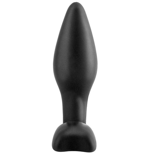 Plug anal en silicone noir a la forme conique allongee, surface lisse non poreuse et base evasee securisante, ideal pour debuter la stimulation anale.