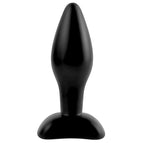 Mini plug anal en silicone noir vu de face, corps fusele lisse et large base stable, pointe arrondie facilitant l insertion progressive en douceur.
