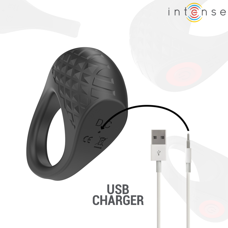 Anneau penien vibrant noir en silicone texture presente avec son cable de charge USB, cockring rechargeable a 10 modes pour soutenir l'erection
