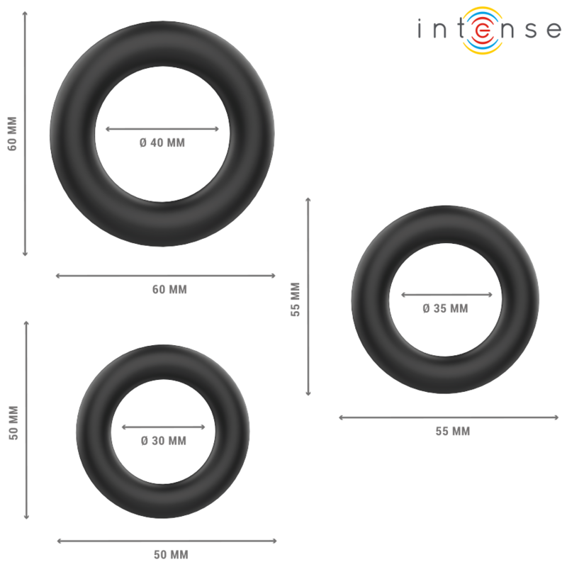 Lot de 3 anneaux péniens en silicone noir — vue de profil