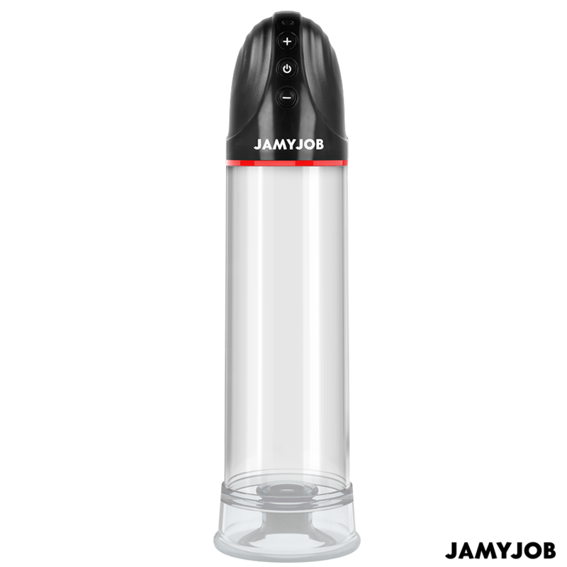 Pompe Xpand by Jamyjob seule, vue de face, cylindre transparent et tête de commande noire à liseré rouge