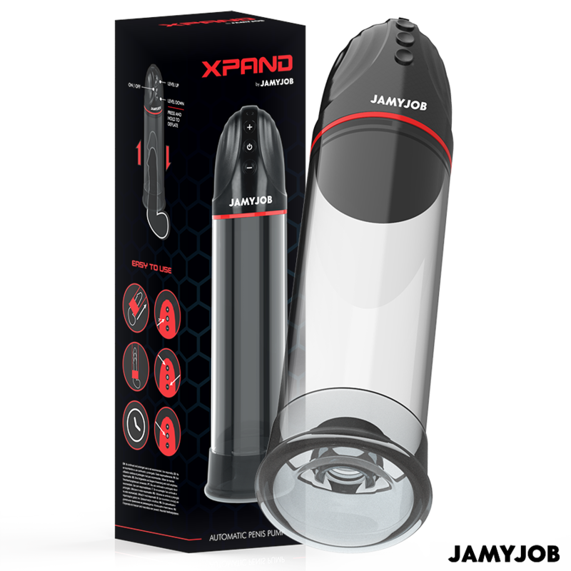 Pompe Xpand by Jamyjob posée à côté de son emballage, cylindre transparent et tête de commande noire à liseré rouge