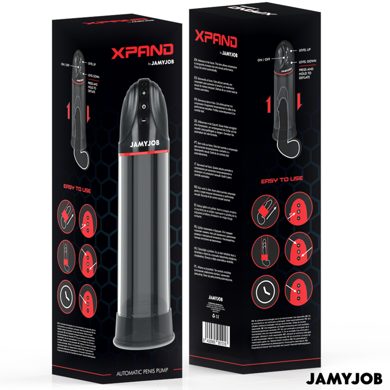 Emballage de la pompe Xpand by Jamyjob, boîte noire montrant le mode d'emploi en plusieurs langues, vue recto et de profil