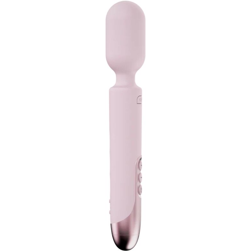 Wand vibrant connecte rose vu en entier, manche fin a boutons et tete arrondie souple, vibrations concentrees et projecteur LED multicolore, design epure Kiiroo.