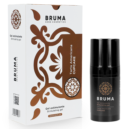 Baume intensifiant Bruma cupcake en flacon airless noir avec sa boite, gel stimulant gourmand pour eveiller la sensibilite, packaging du stimulant intime pour femme