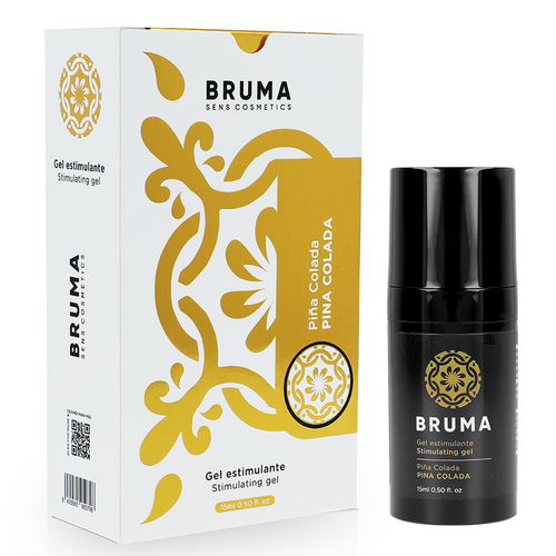 Baume intensifiant Bruma pina colada en flacon airless noir avec sa boite doree, gel stimulant exotique pour eveiller les sens, packaging du stimulant intime pour femme