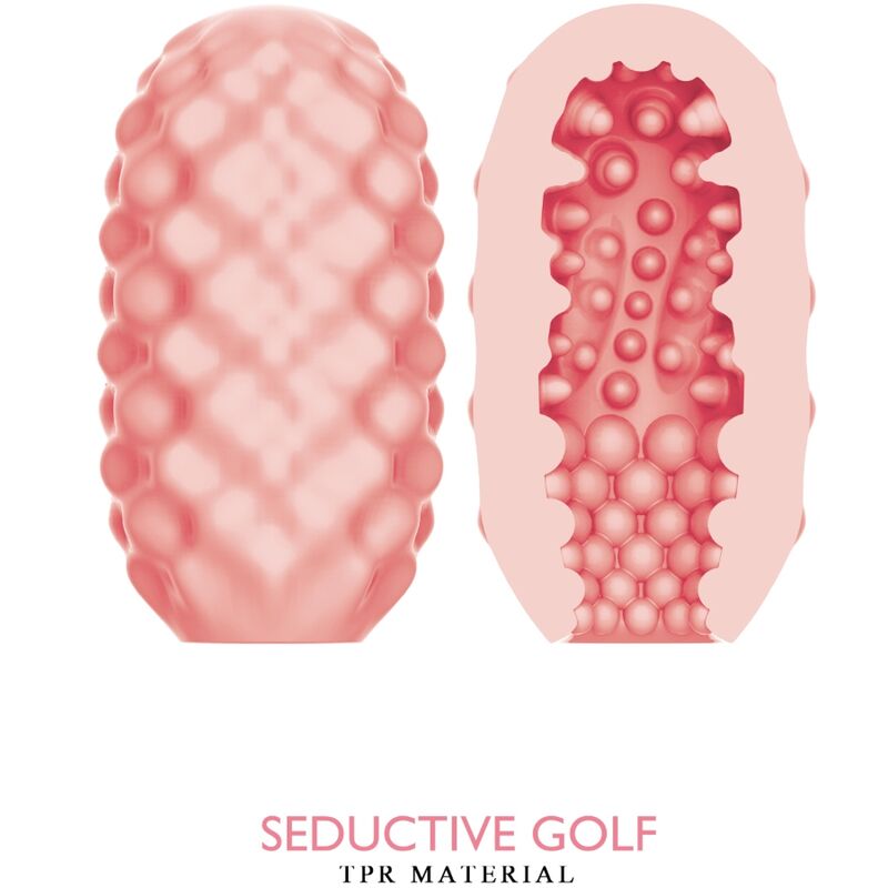 Deux oeufs masturbateurs Seductive Golf presentes ferme et en coupe, tunnels internes a textures differentes en TPR chair, matiere extensible.