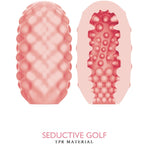 Deux oeufs masturbateurs Seductive Golf presentes ferme et en coupe, tunnels internes a textures differentes en TPR chair, matiere extensible.