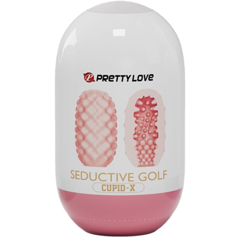 Etui Pretty Love Seductive Golf Cupid-X presentant deux oeufs masturbateurs chair a textures distinctes, gaines extensibles en TPR souple.