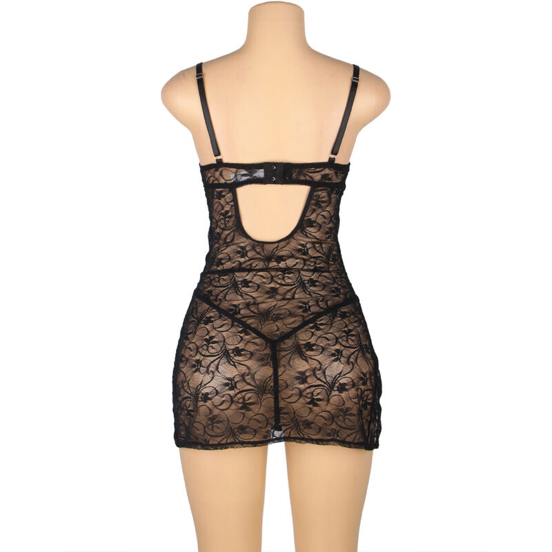 Vue de dos du babydoll Subblime en dentelle noire, dos nu ferme par fine bride et bonnets a armatures, maille florale transparente epousant la silhouette.