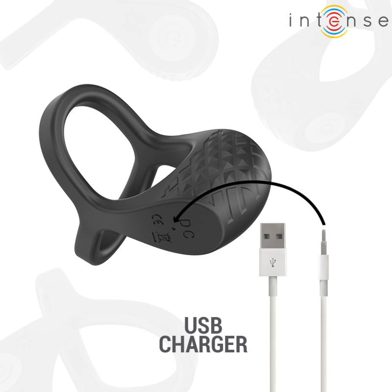 Double anneau penien vibrant noir en silicone texture presente avec son cable de charge USB, cockring rechargeable a 10 modes pour soutenir l'erection