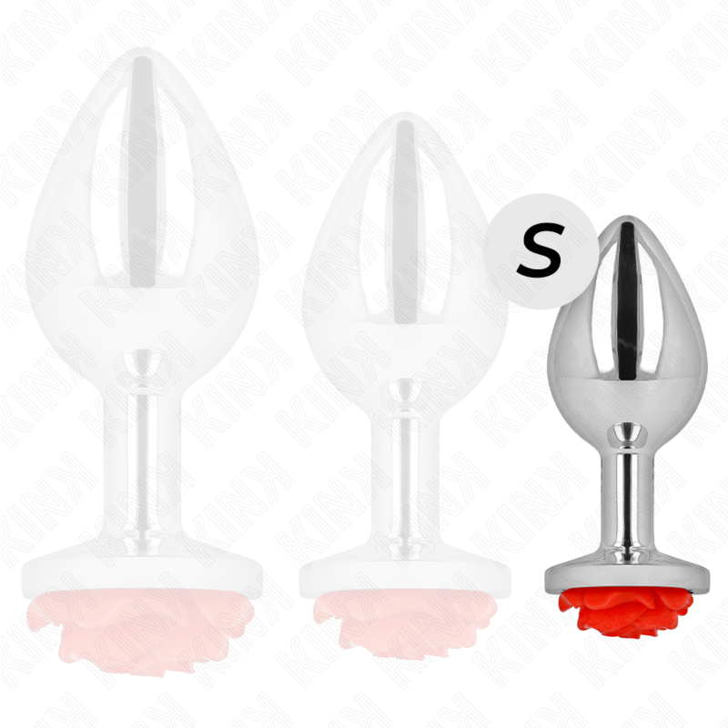 Trio de plugs anaux argentes a rose rouge en tailles S, M et L alignes, comparatif d'echelle de la gamme de bijoux anaux en metal chrome
