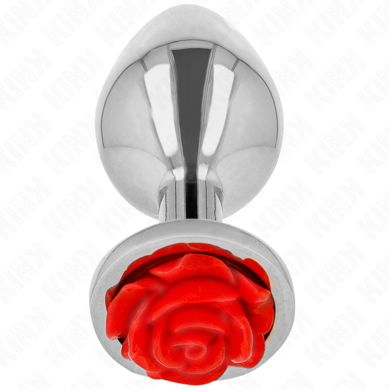 Plug anal en metal argente a socle rose rouge vu de face, corps bombe chrome et fleur sculptee, bijou anal a la finition acier brillante