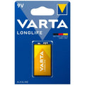 Pile Varta Longlife 9V alcaline LR61 en bloc rectangulaire a deux bornes sous blister, pour appareils essentiels reclamant cette tension, energie fiable a stocker.