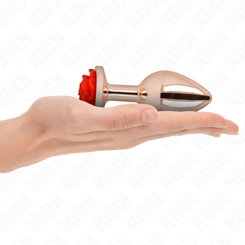 Plug anal métal orné d'une rose rouge — vue trois quarts 3