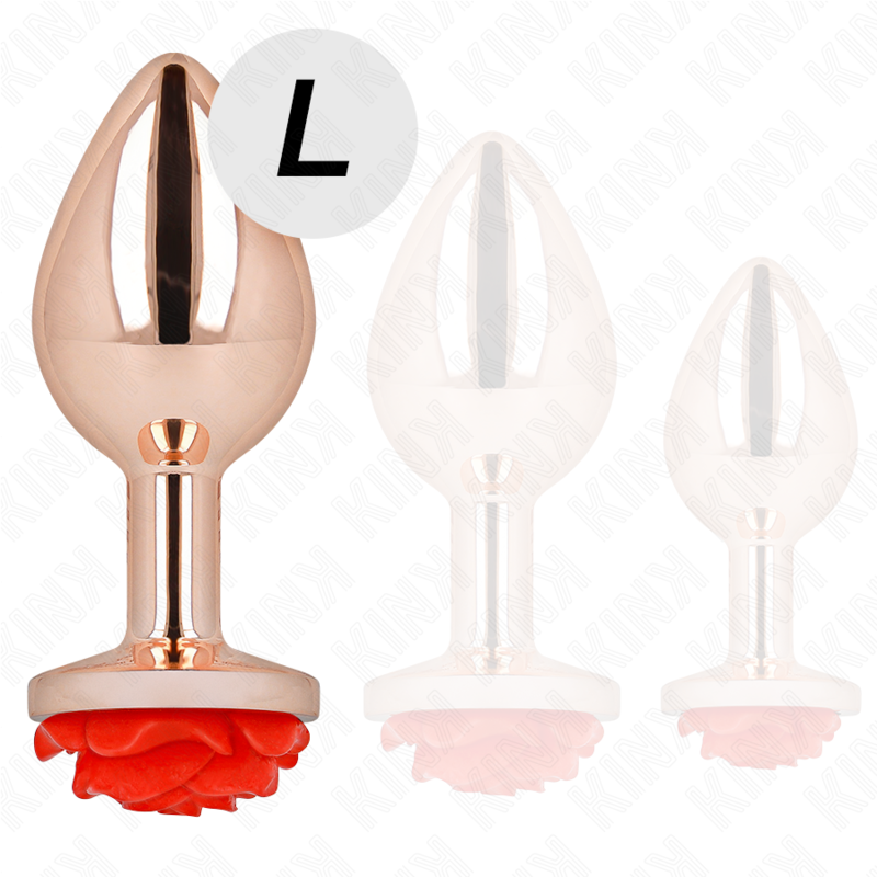 Trio de plugs anaux or rose a rose en tailles avec marquage L, comparatif de la grande taille face aux modeles plus petits de la gamme cuivre