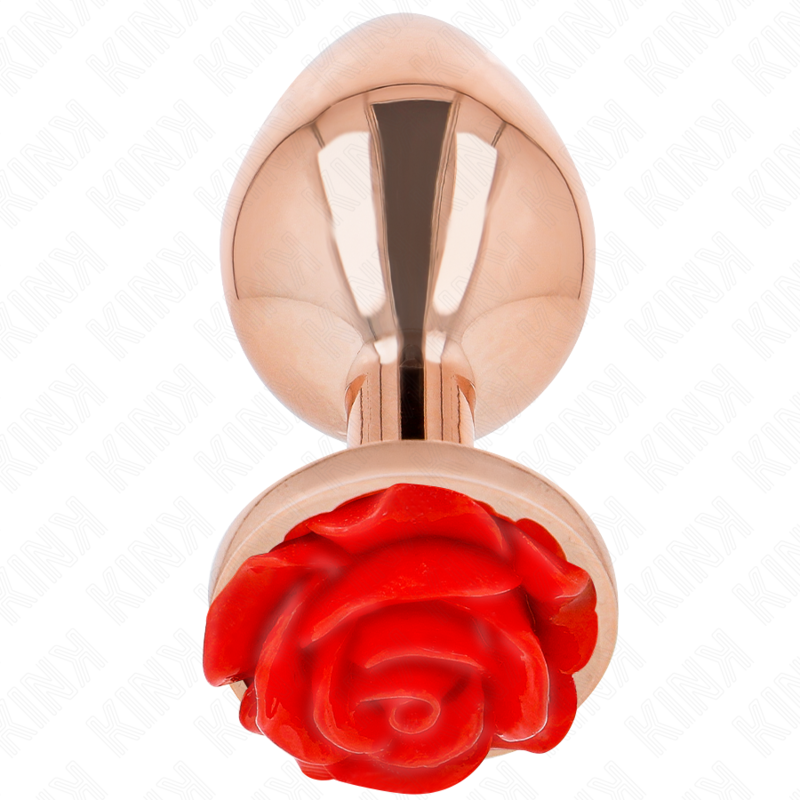 Plug anal or rose a socle rose rouge vu de face, large corps bombe au fini cuivre brillant, grand bijou anal a la fleur sculptee detaillee