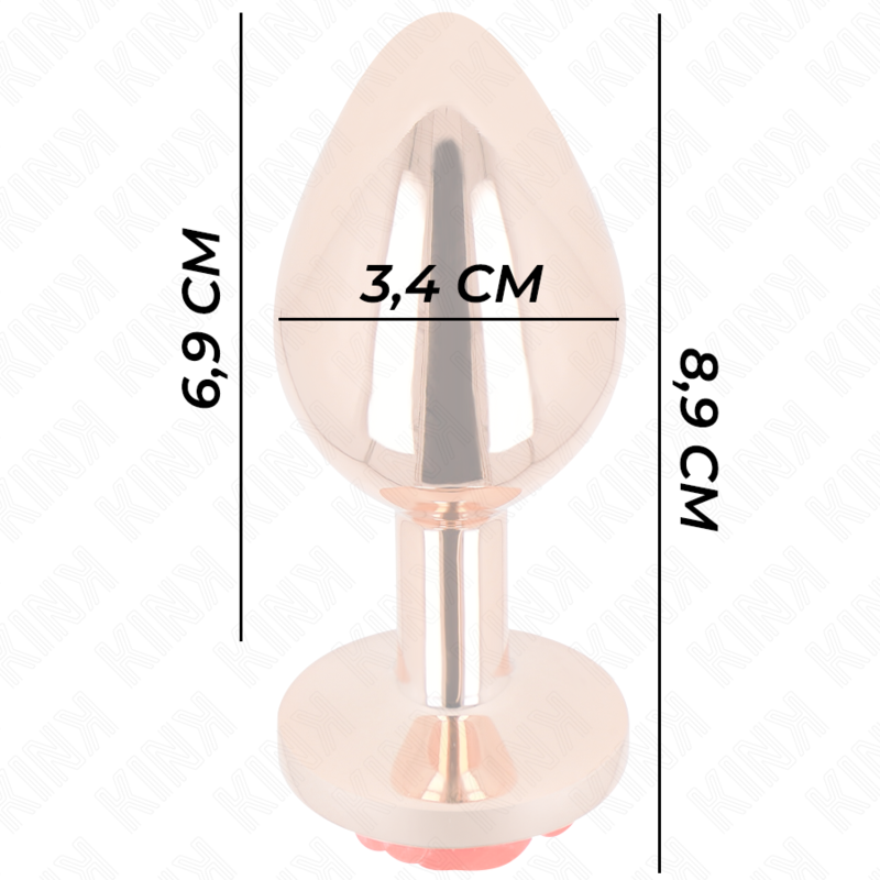 Schema cote du plug anal or rose taille M, hauteur 8,9 cm avec corps de 6,9 cm et diametre 3,4 cm, dimensions du bijou anal floral cuivre
