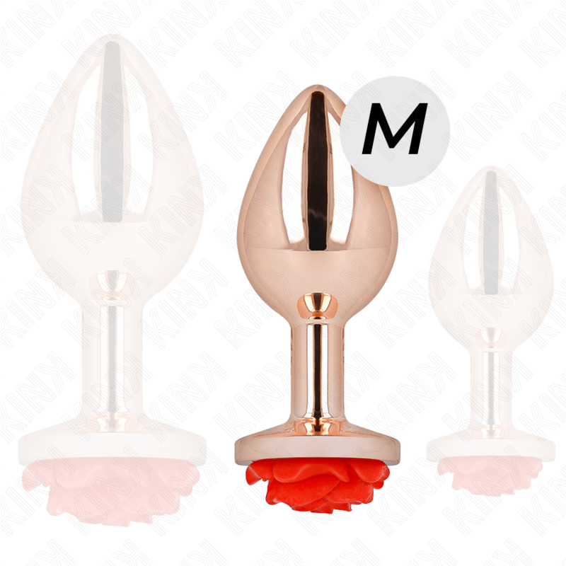Trois plugs anaux or rose a rose en tailles graduees avec marquage M, comparatif d'echelle de la gamme de bijoux anaux au fini cuivre