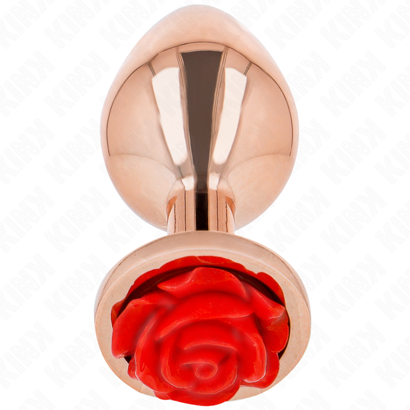 Plug anal or rose a socle rose rouge vu de face, corps bombe au fini cuivre poli et fleur sculptee, bijou anal a l'insertion progressive