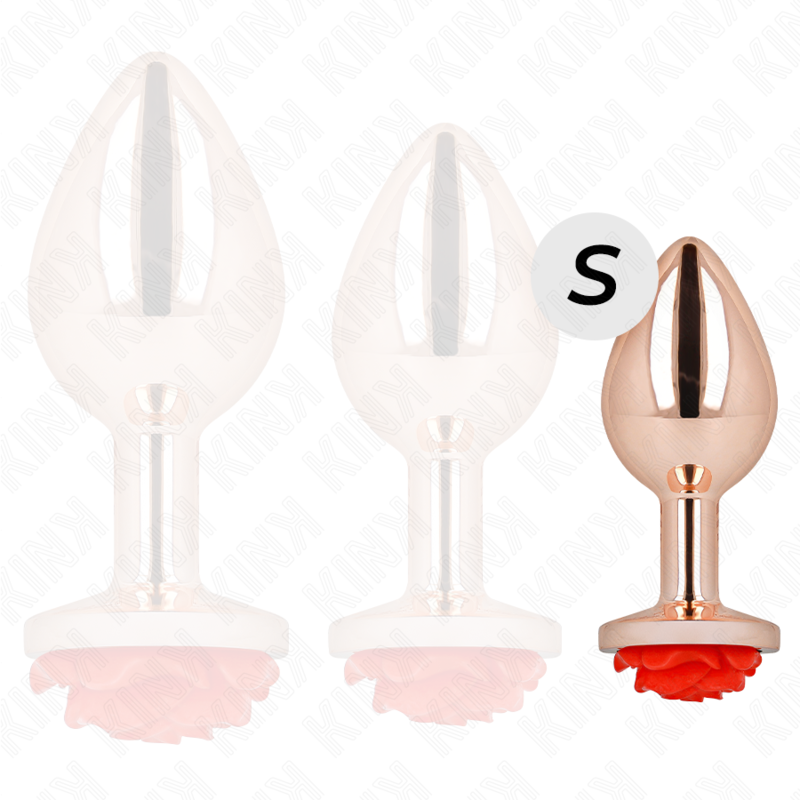 Trio de plugs anaux or rose a rose rouge en tailles S, M et L alignes, comparatif d'echelle de la gamme de bijoux anaux au fini cuivre