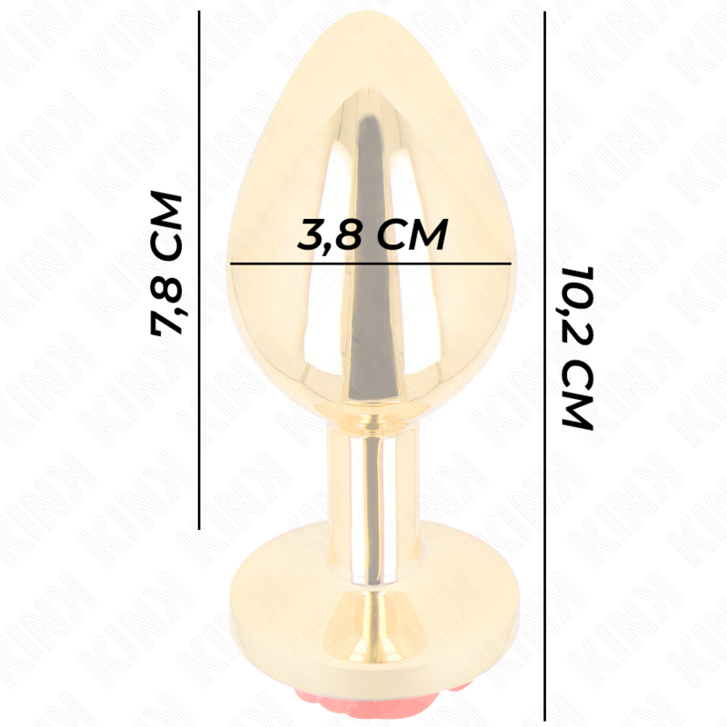 Schema cote du plug anal dore taille L, hauteur 10,2 cm avec corps de 7,8 cm et diametre 3,8 cm, dimensions detaillees du grand bijou anal