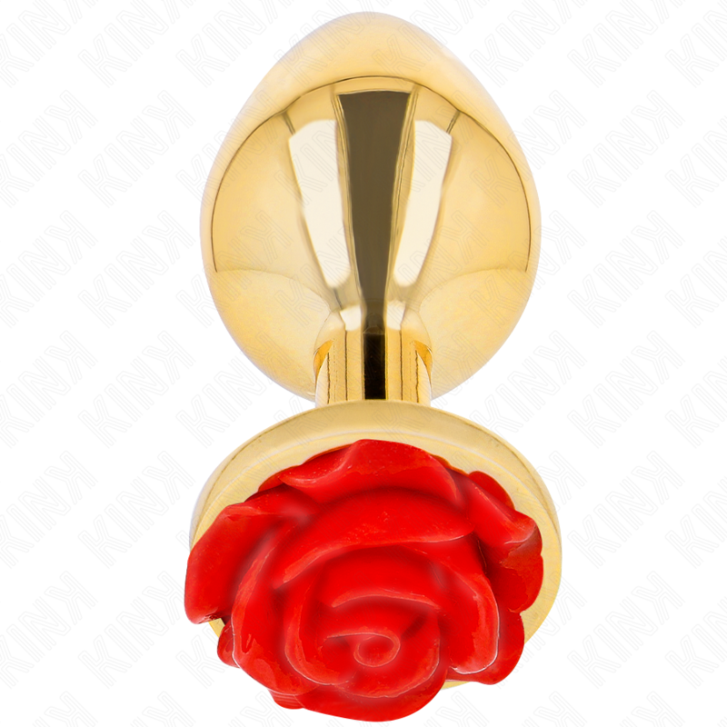 Plug anal dore a socle rose rouge vu de face, large corps bombe en metal brillant, bijou anal de grande taille a la fleur sculptee detaillee