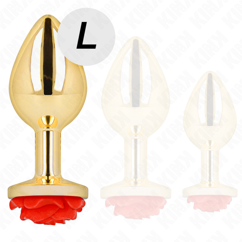 Trio de plugs anaux dores a rose en tailles avec marquage L, comparatif de la grande taille face aux modeles plus petits de la gamme