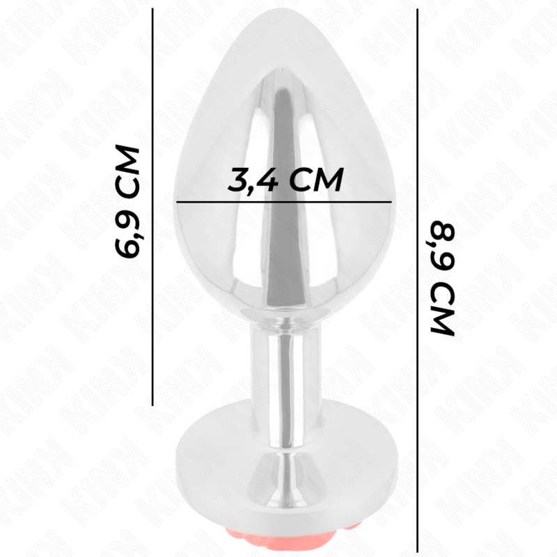 Schema cote du plug anal argente taille M, hauteur 8,9 cm avec corps de 6,9 cm et diametre 3,4 cm, dimensions du bijou anal floral en acier