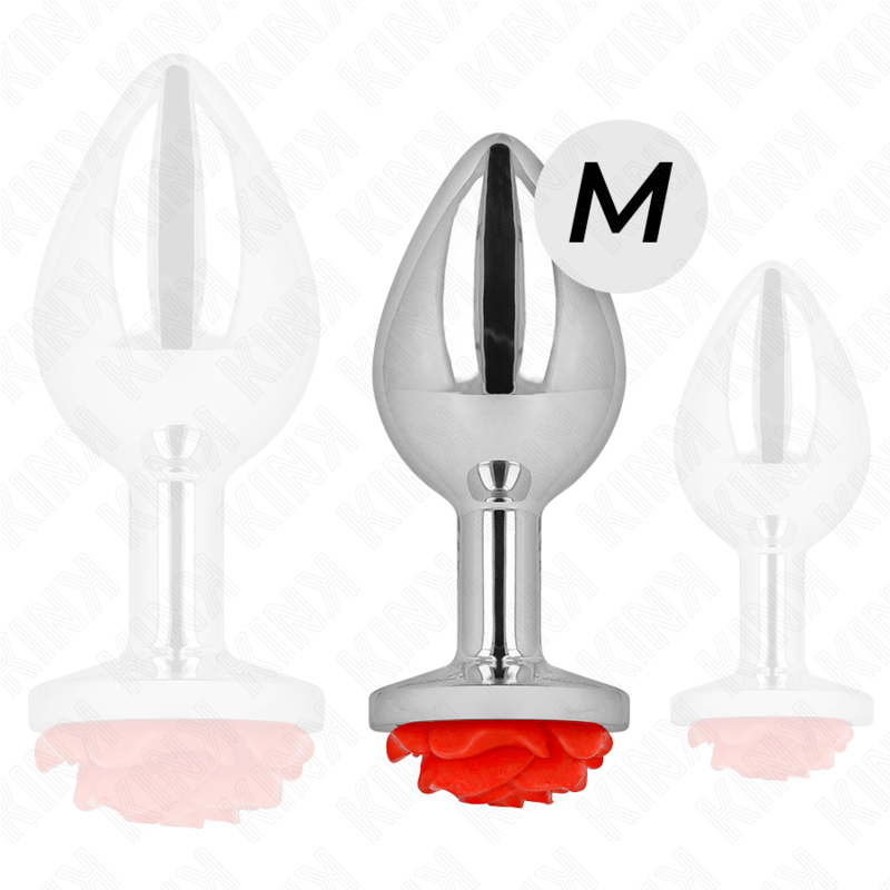 Trois plugs anaux argentes a rose en tailles graduees avec marquage M, comparatif d'echelle de la gamme de bijoux anaux en metal chrome