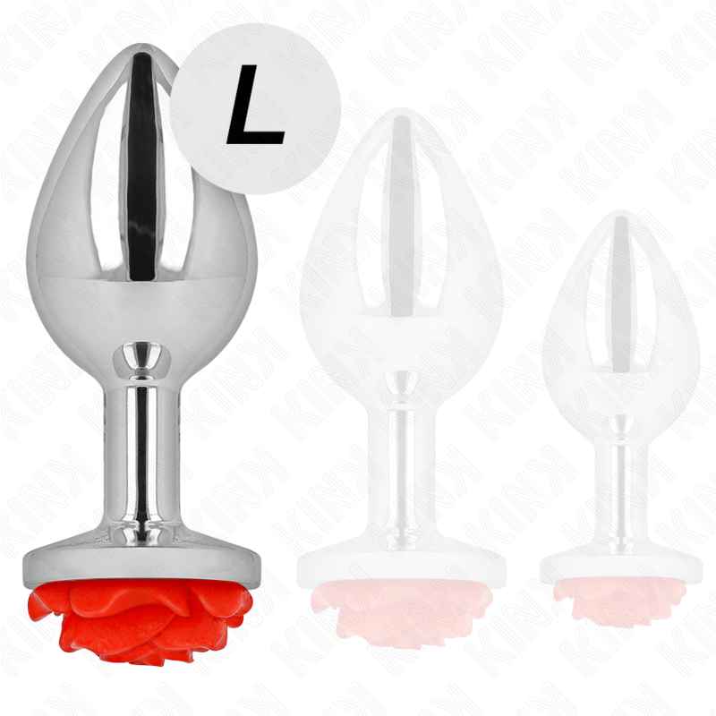 Trio de plugs anaux argentes a rose en tailles avec marquage L, comparatif de la grande taille face aux modeles plus petits de la gamme