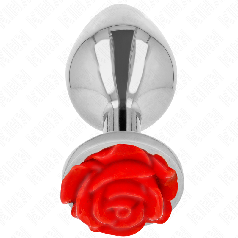 Plug anal argente a socle rose rouge vu de face, corps bombe en metal poli et fleur sculptee detaillee, bijou anal a l'insertion douce