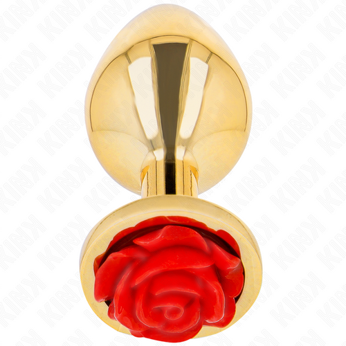 Plug anal en metal dore au socle orne d'une rose rouge sculptee, vue de profil montrant la forme effilee et le bijou floral du bijou anal