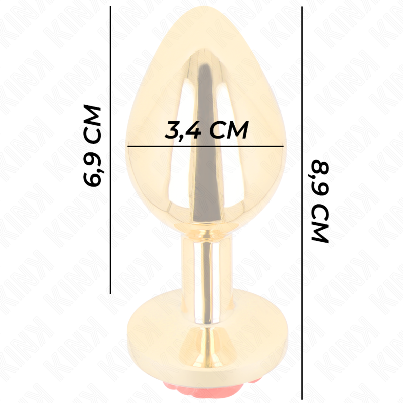 Schema cote du plug anal dore taille M, hauteur 8,9 cm avec corps de 6,9 cm et diametre 3,4 cm, dimensions detaillees du bijou anal floral