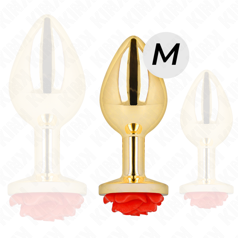 Trois plugs anaux dores a rose rouge en tailles graduees avec marquage M, comparatif d'echelle de la gamme de bijoux anaux en metal poli