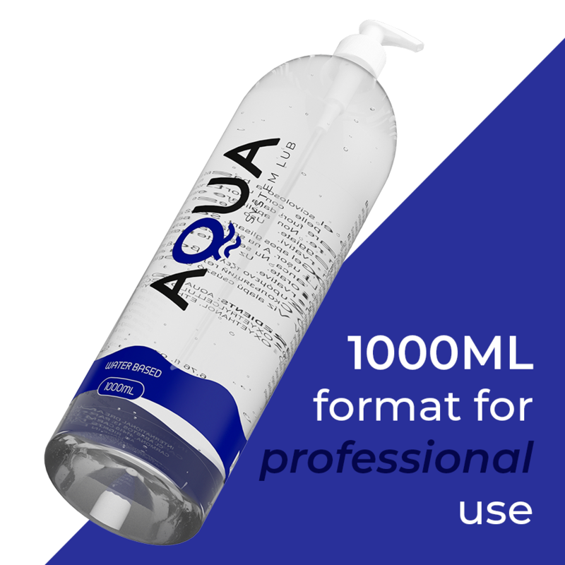 Grand flacon pompe Aqua Waterbased 1000 ml format professionnel de lubrifiant base eau, presente couche sur fond bleu, gel hydratant a glisse longue duree