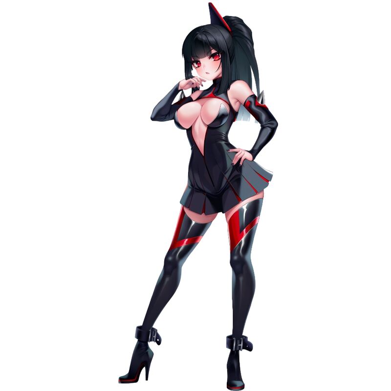 Illustration manga du personnage en tenue moulante noire et talons, univers visuel du masturbateur manga Fleshlight a gaine texturee et orifice realiste, esthetique de la gamme.
