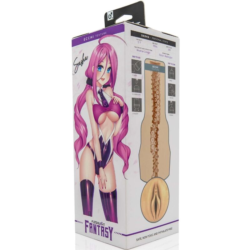 Coffret du masturbateur manga Sasha Fantasy, boite verticale illustrant le personnage manga en lingerie et l'orifice realiste moule, gaine texturee a alveoles type peau.