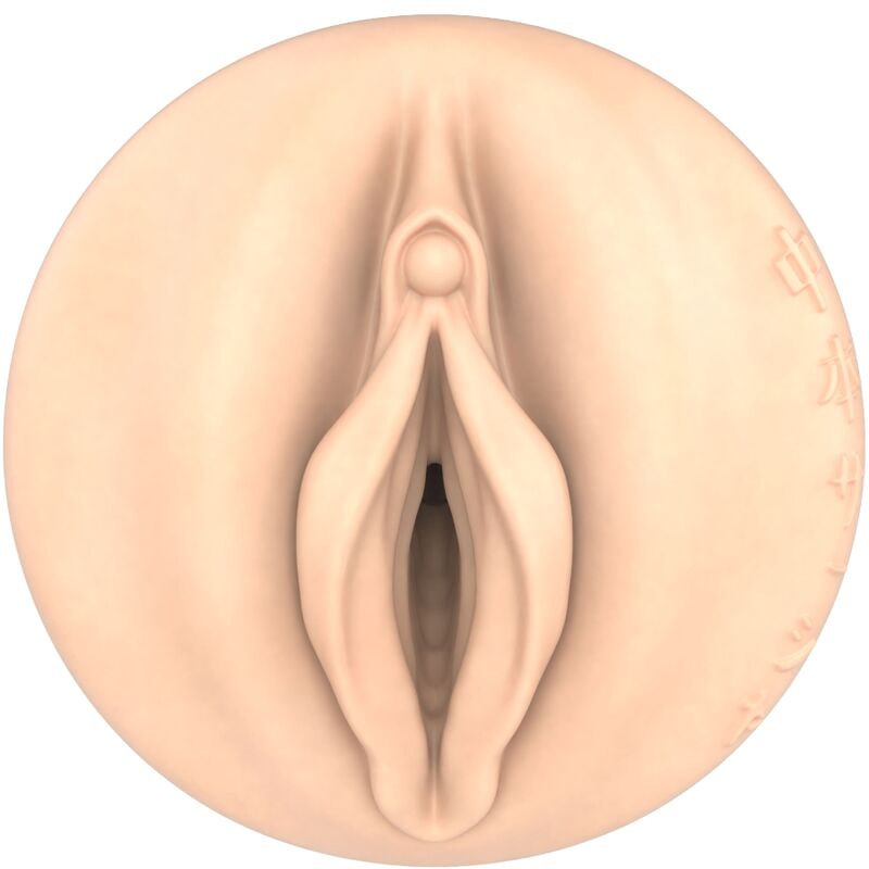 Gros plan frontal sur l'orifice vaginal realiste du masturbateur manga Sasha, levres moulees detaillees en matiere souple type peau, entree du canal texture a alveoles.