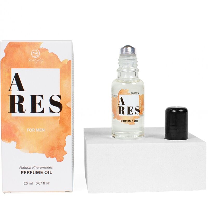 Huile de parfum Ares For Men aux pheromones, boite orange et flacon roll-on 20 ml capuchon a cote, fragrance masculine Secret Play a bille pour la peau.