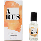 Huile de parfum aux pheromones Ares For Men 20 ml, boite orange et flacon roll-on a bille, fragrance masculine Secret Play a appliquer sur la peau.