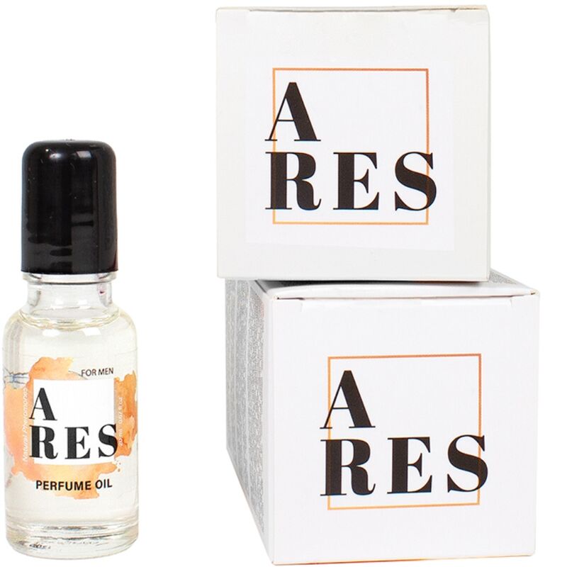 Flacon roll-on Ares For Men aux pheromones devant ses boites blanches empilees, huile de parfum masculine 20 ml Secret Play a bille pour application sur la peau.