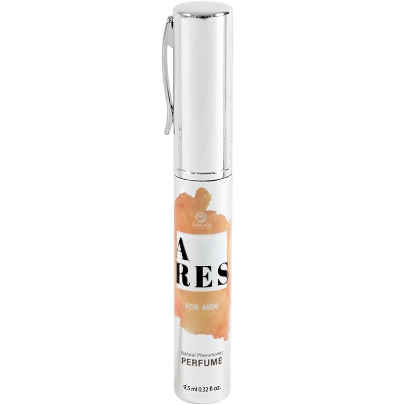Spray parfum aux pheromones Ares For Men, flacon stylo argente a etiquette orange, fragrance masculine Secret Play a vaporiser sur les points de pulsation.