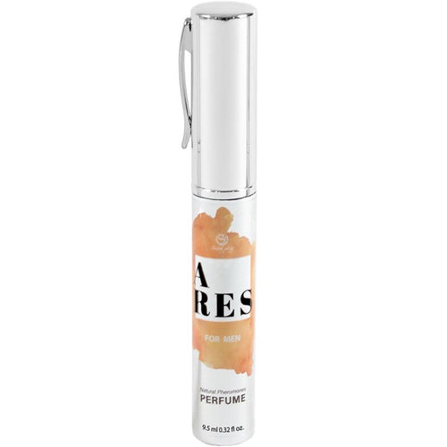 Spray parfum aux pheromones Ares For Men, flacon stylo argente a etiquette orange, fragrance masculine Secret Play a vaporiser sur les points de pulsation.