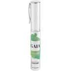 Spray parfum aux pheromones Gaia For Women, flacon stylo argente a etiquette verte, fragrance feminine Secret Play a vaporiser sur les points de pulsation.