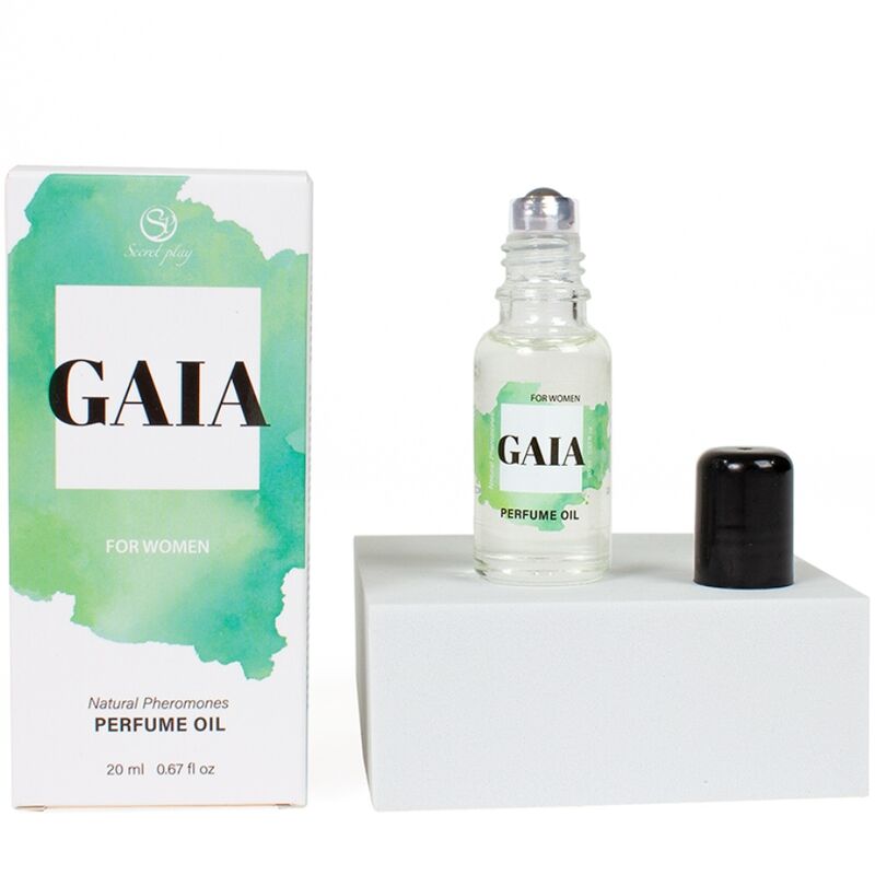 Huile de parfum Gaia For Women aux pheromones, boite verte et flacon roll-on 20 ml capuchon a cote, fragrance feminine Secret Play a bille pour la peau.