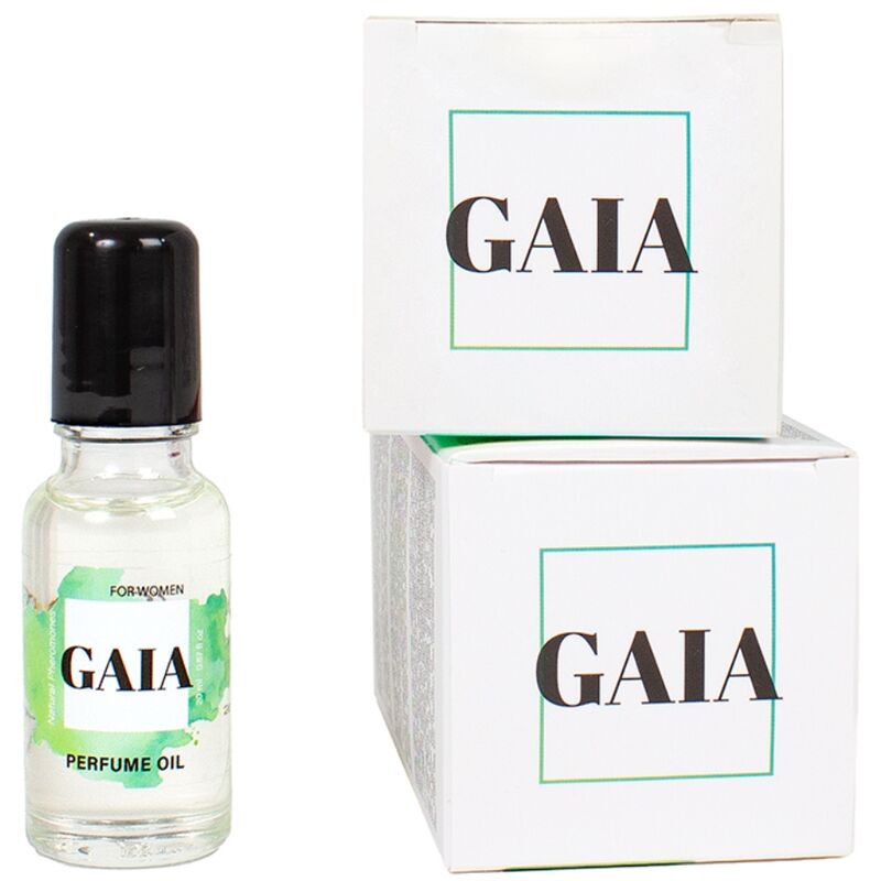 Flacon roll-on Gaia For Women aux pheromones devant ses boites blanches empilees, huile de parfum feminine 20 ml Secret Play a bille pour application sur la peau.